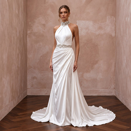 Sleek Diamond White Liquid Satin Halter Wedding Dress for Engagement Dinner