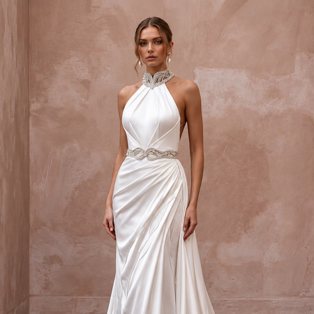 Sleek Diamond White Liquid Satin Halter Wedding Dress for Engagement Dinner