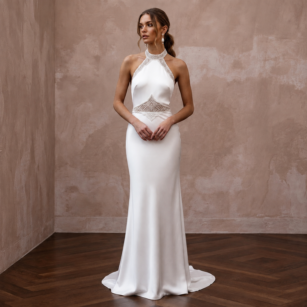 Sleek Diamond White Liquid Satin Halter for Engagement Dinner