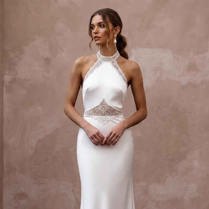 Sleek Diamond White Liquid Satin Halter for Engagement Dinner - Apparel & Accessories > Clothing > Wedding & Bridal Party Dresses > Wedding Dresses - Mignonette Bridal