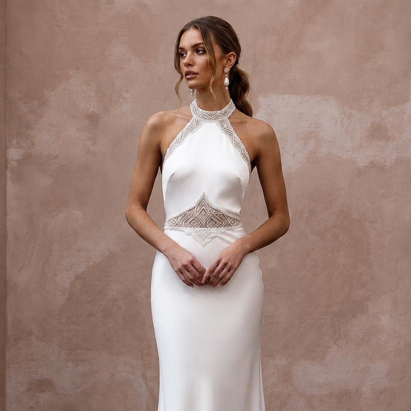 Sleek Diamond White Liquid Satin Halter for Engagement Dinner