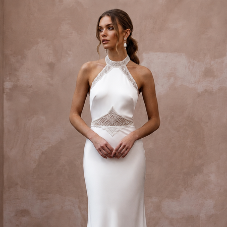 Sleek Diamond White Liquid Satin Halter for Engagement Dinner