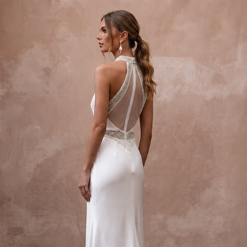 Sleek Diamond White Liquid Satin Halter for Engagement Dinner - Apparel & Accessories > Clothing > Wedding & Bridal Party Dresses > Wedding Dresses - Mignonette Bridal