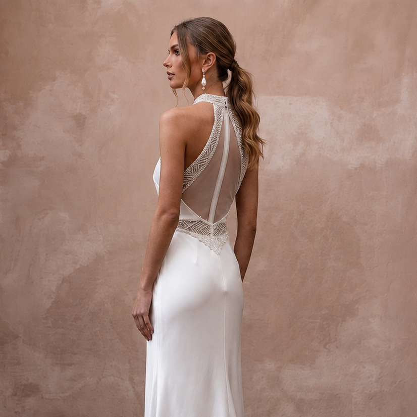 Sleek Diamond White Liquid Satin Halter for Engagement Dinner