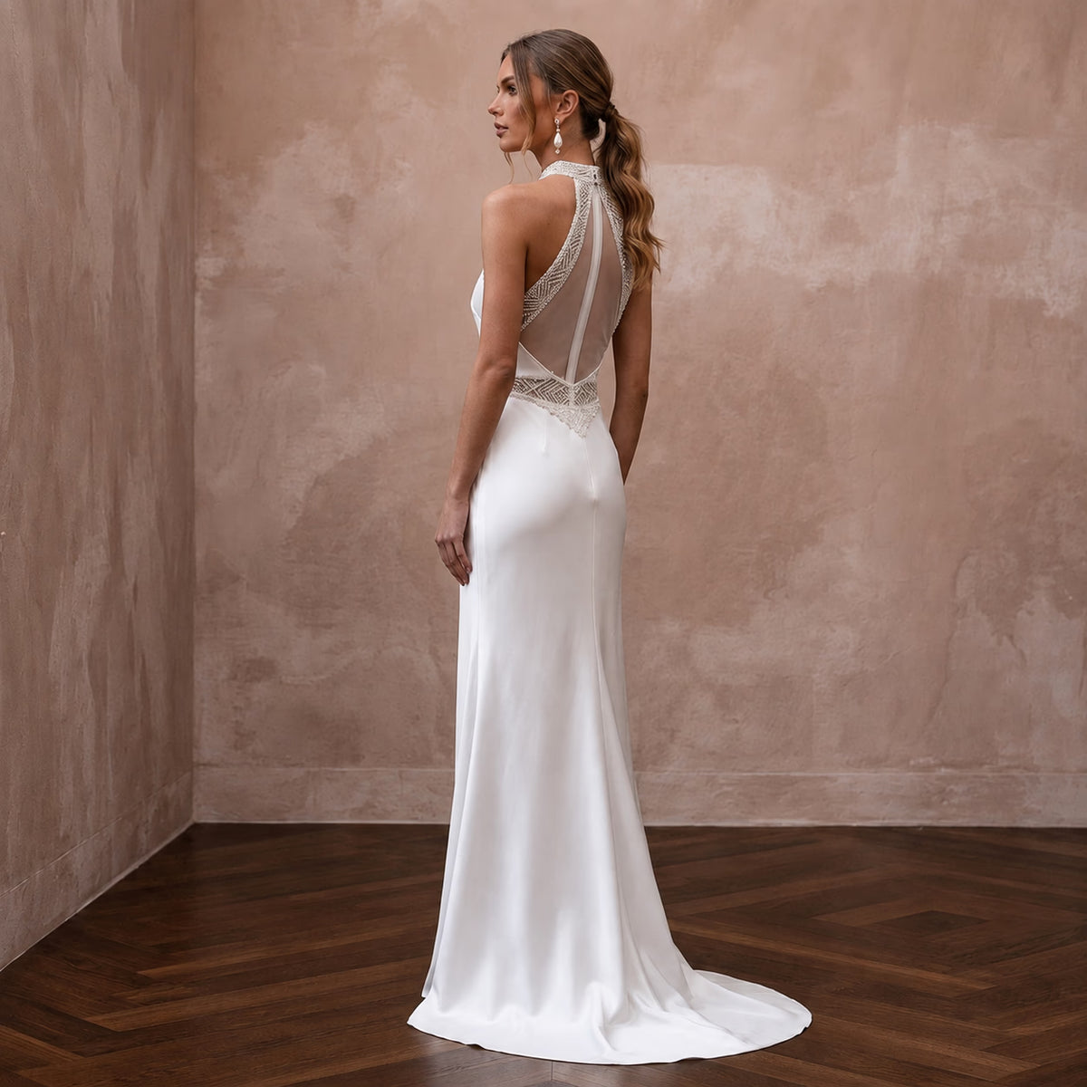 Sleek Diamond White Liquid Satin Halter for Engagement Dinner - Apparel & Accessories > Clothing > Wedding & Bridal Party Dresses > Wedding Dresses - Mignonette Bridal