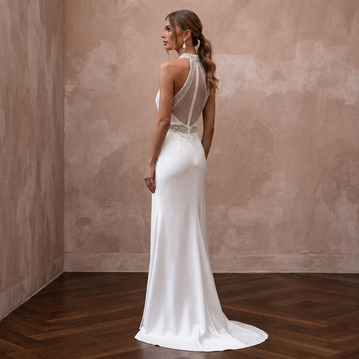 Sleek Diamond White Liquid Satin Halter for Engagement Dinner Secondary image