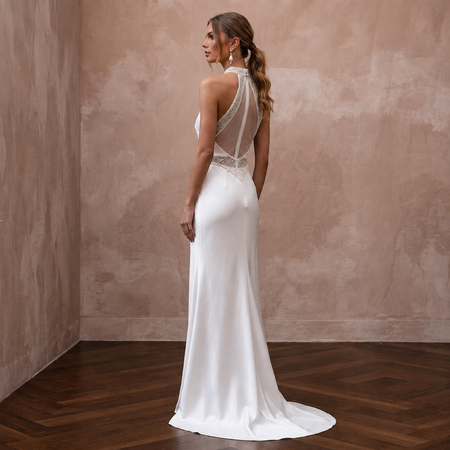Sleek Diamond White Liquid Satin Halter for Engagement Dinner
