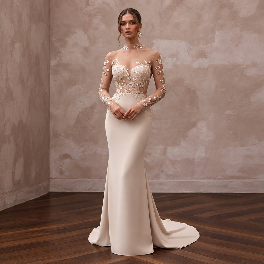 Sleek Nude Mesh Illusion Column Bridal Gown for Anniversary Photoshoot