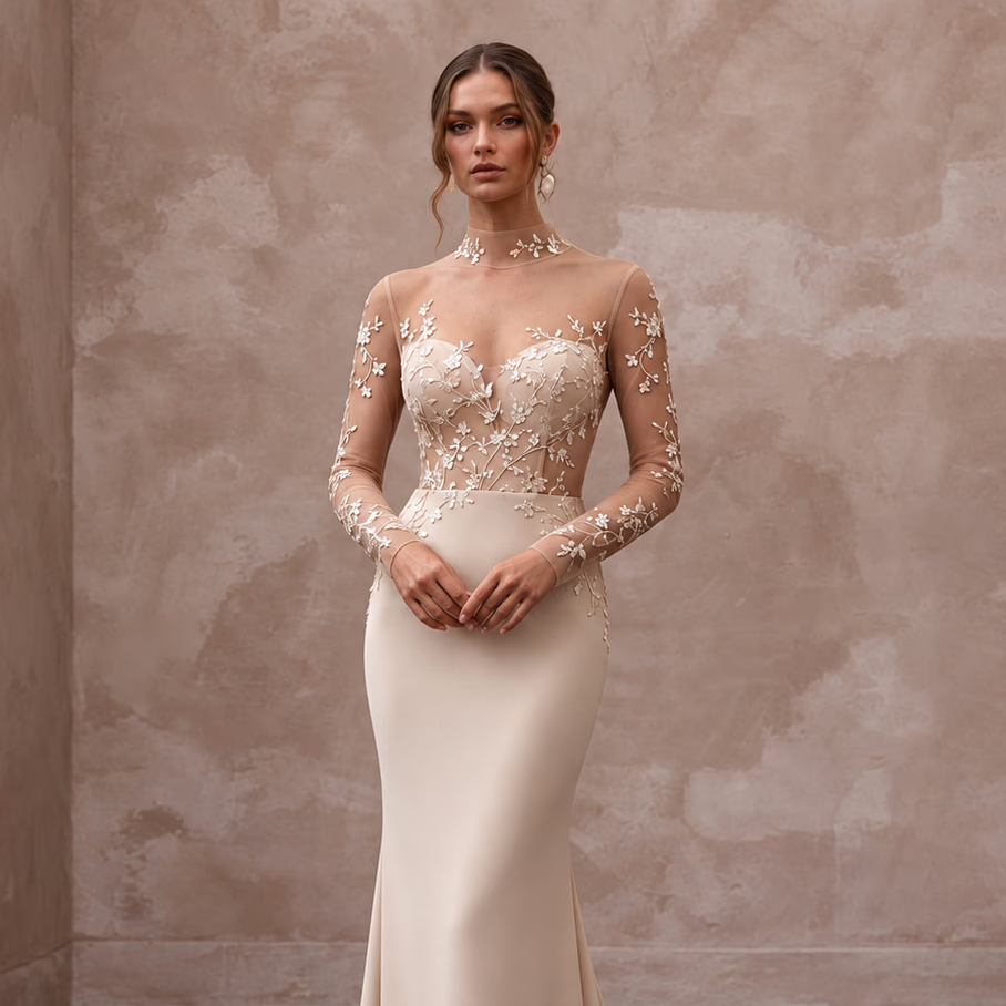 Sleek Nude Mesh Illusion Column Bridal Gown for Anniversary Photoshoot
