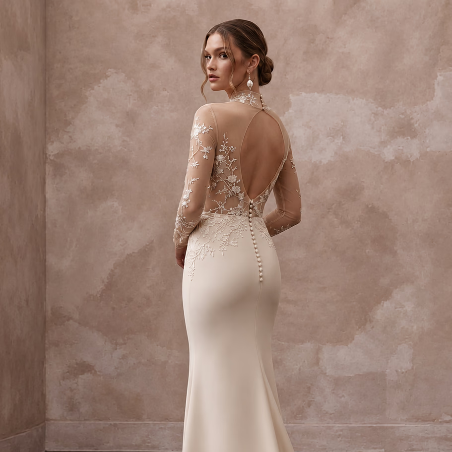 Sleek Nude Mesh Illusion Column Bridal Gown for Anniversary Photoshoot
