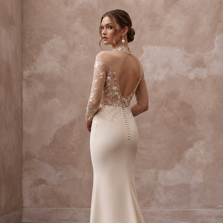 Sleek Nude Mesh Illusion Column Bridal Gown for Anniversary Photoshoot