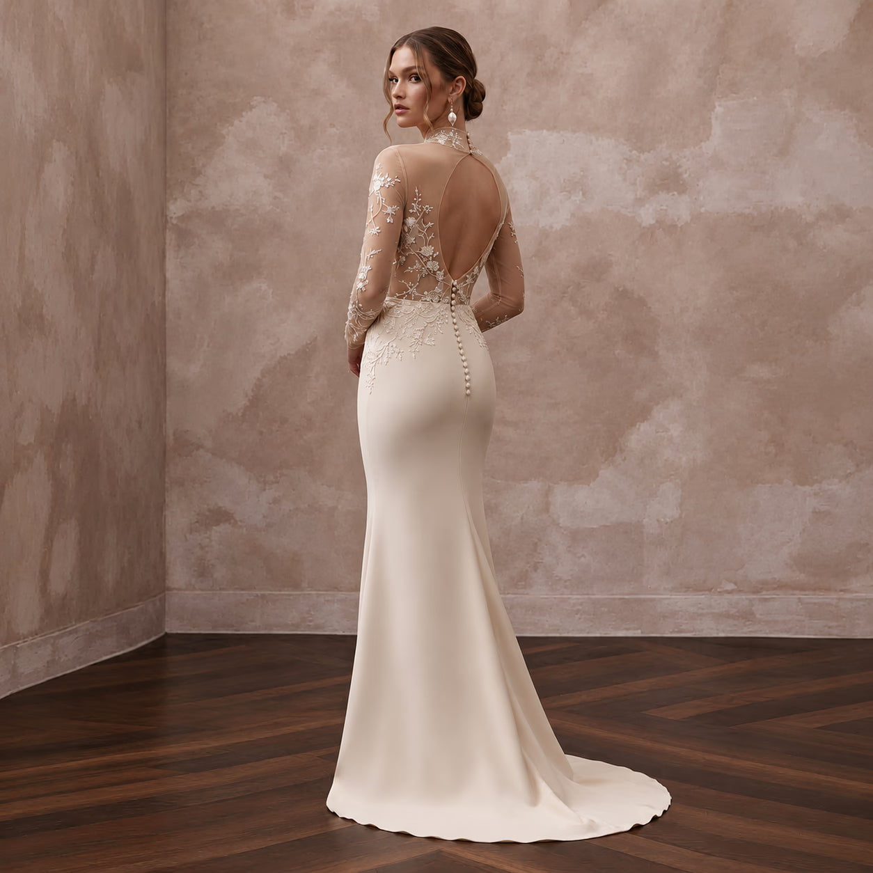 Sleek Nude Mesh Illusion Column Bridal Gown for Anniversary Photoshoot Secondary image