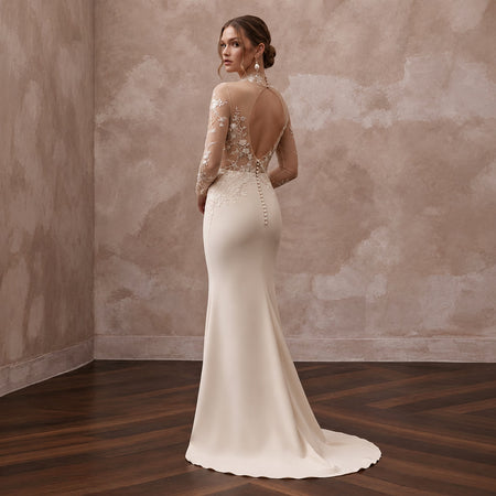 Sleek Nude Mesh Illusion Column Bridal Gown for Anniversary Photoshoot