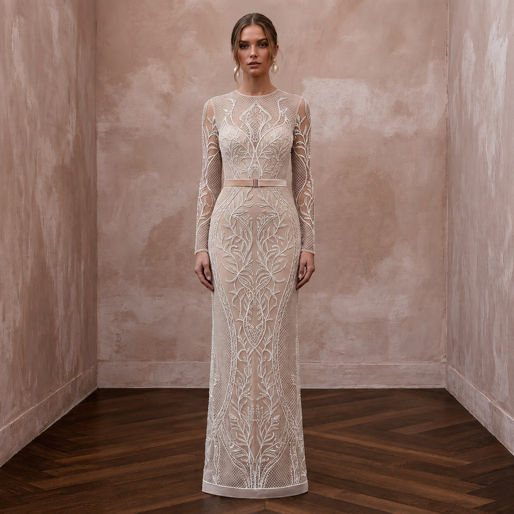Sleek Nude Mesh Illusion Column Dress for Anniversary Photoshoot