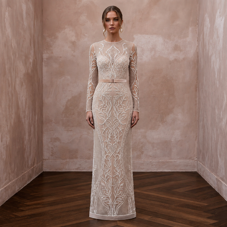 Sleek Nude Mesh Illusion Column Dress for Anniversary Photoshoot