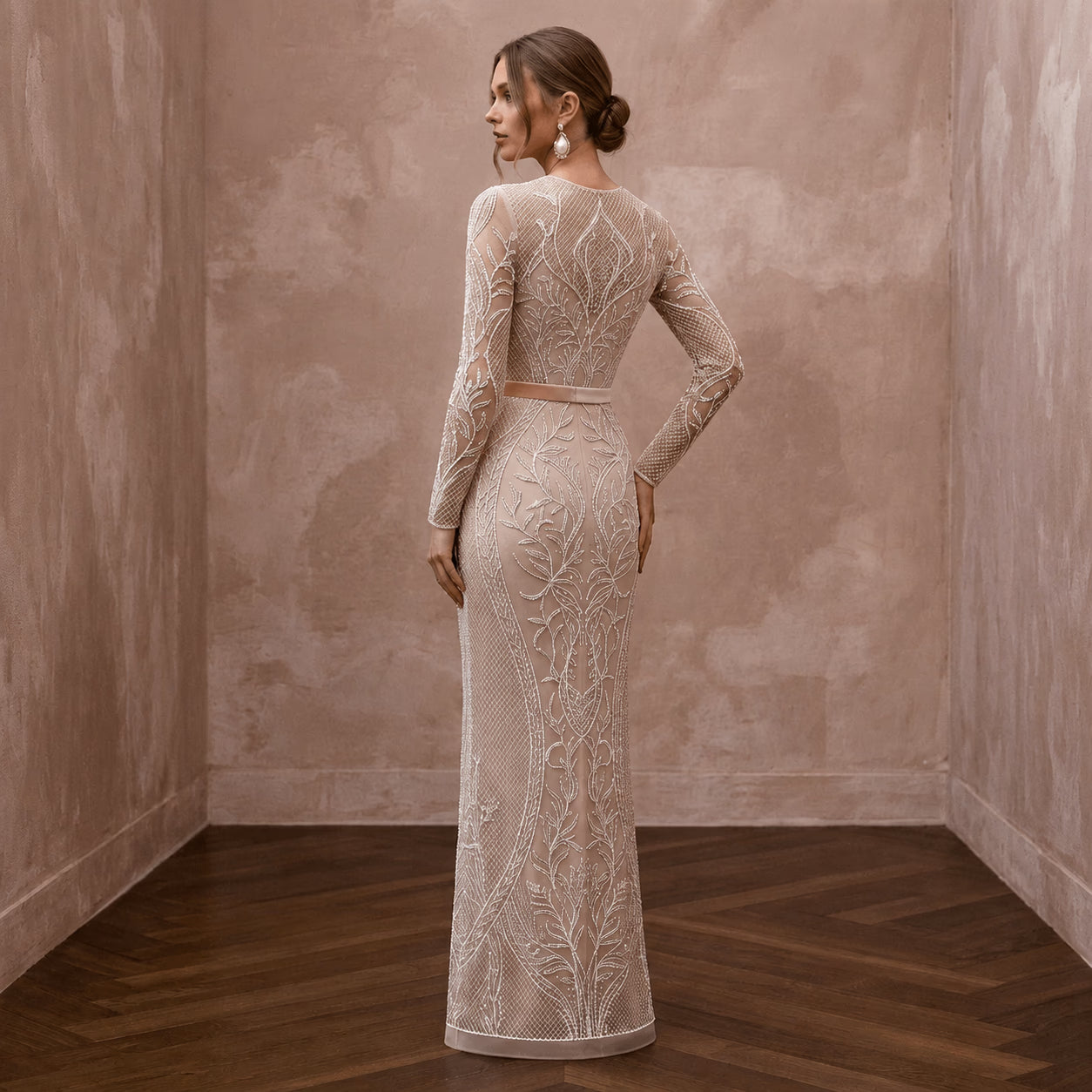 Sleek Nude Mesh Illusion Column Dress for Anniversary Photoshoot Secondary image