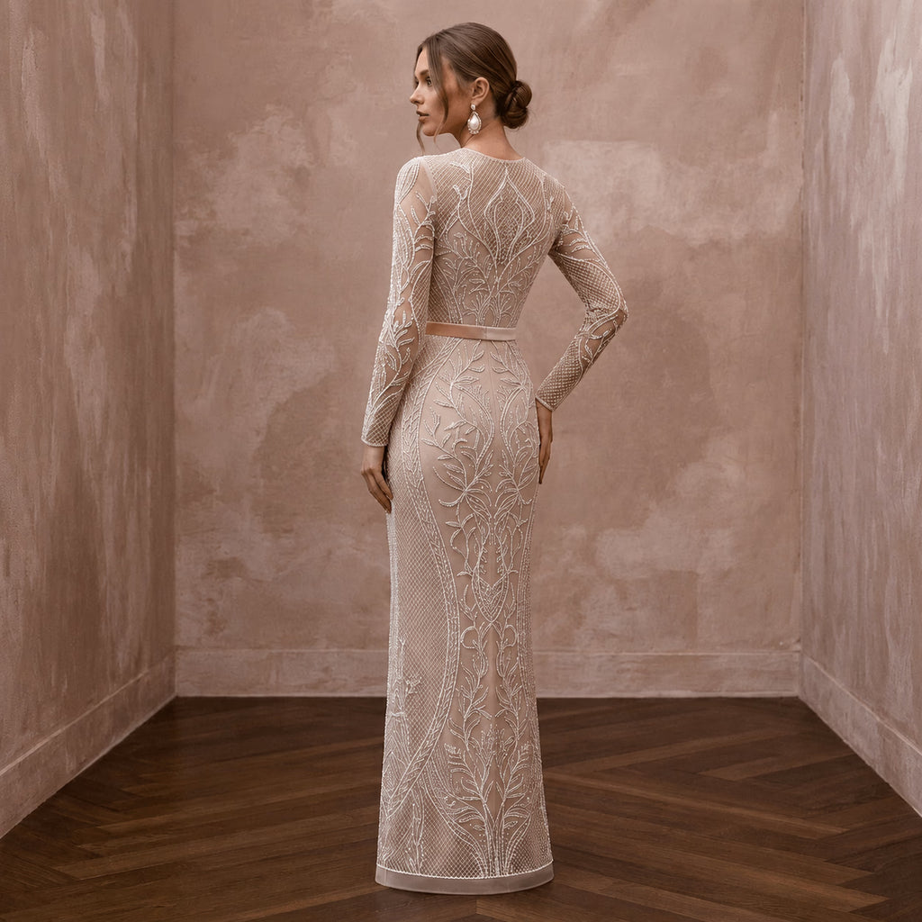 Sleek Nude Mesh Illusion Column Dress for Anniversary Photoshoot - Apparel & Accessories > Clothing > Wedding & Bridal Party Dresses > Wedding Dresses - Mignonette Bridal