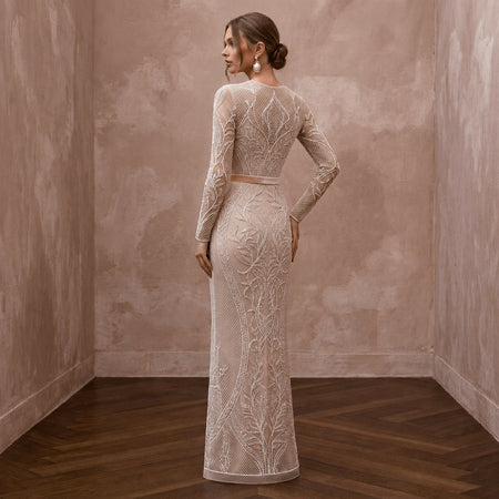 Sleek Nude Mesh Illusion Column Dress for Anniversary Photoshoot - Apparel & Accessories > Clothing > Wedding & Bridal Party Dresses > Wedding Dresses - Mignonette Bridal