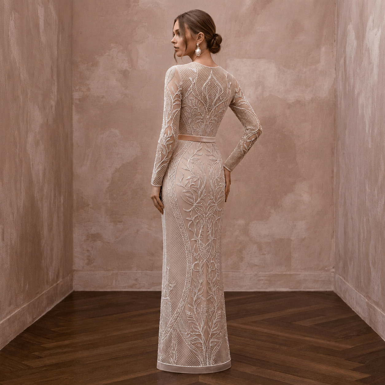 Sleek Nude Mesh Illusion Column Dress for Anniversary Photoshoot