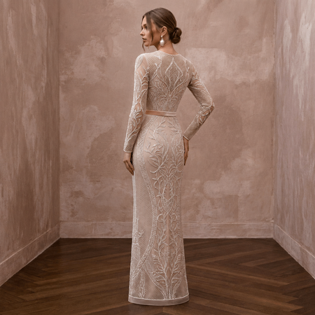 Sleek Nude Mesh Illusion Column Dress for Anniversary Photoshoot