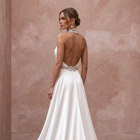 Sleek Diamond White Liquid Satin Halter Wedding Dress for Engagement Dinner