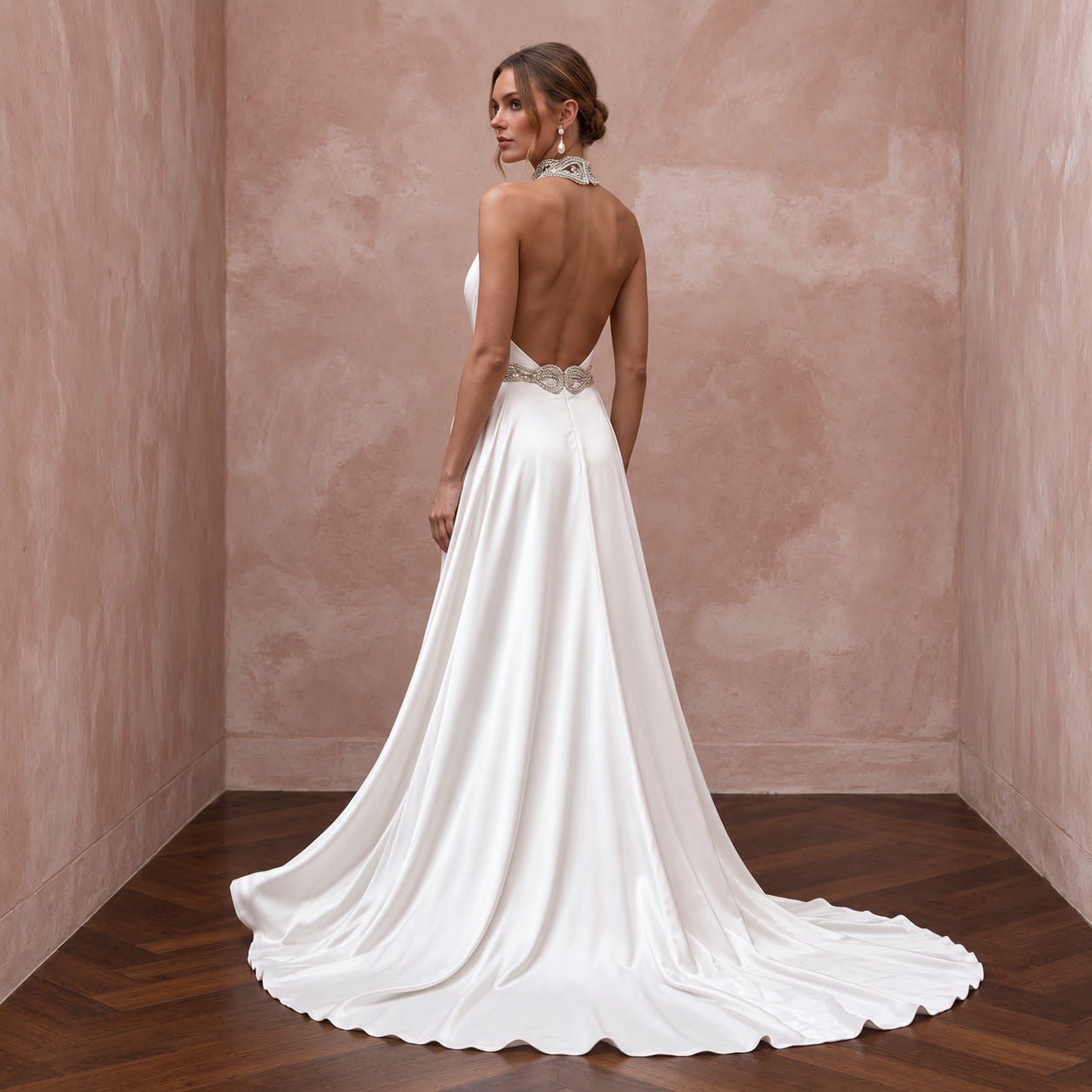 Sleek Diamond White Liquid Satin Halter Wedding Dress for Engagement Dinner Secondary image