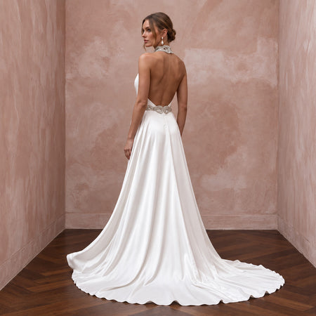 Sleek Diamond White Liquid Satin Halter Wedding Dress for Engagement Dinner
