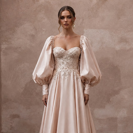 Soft Blush Silk Taffeta Balloon Sleeve Gown for Elopement - Apparel & Accessories > Clothing > Wedding & Bridal Party Dresses > Wedding Dresses - Mignonette Bridal