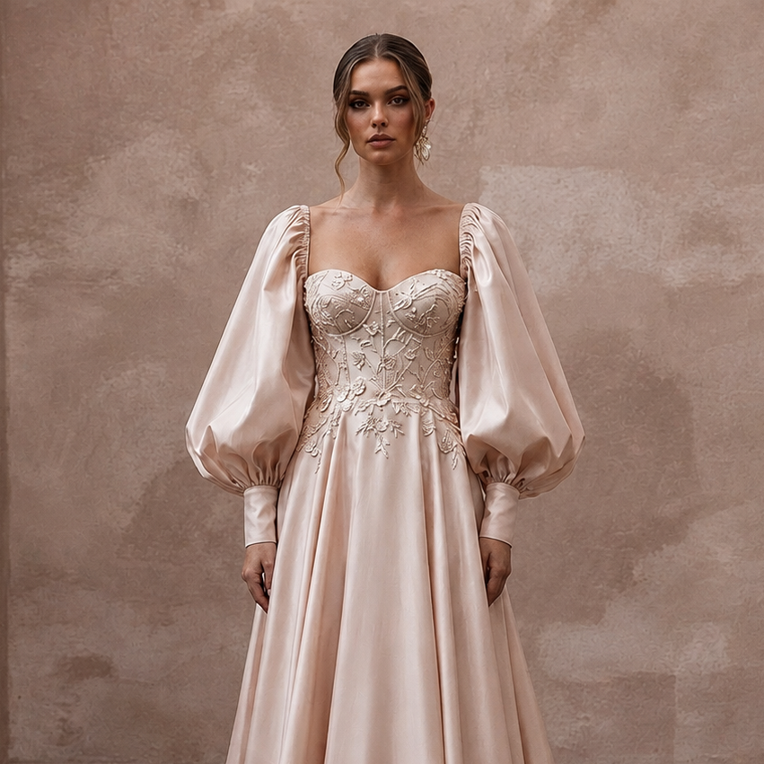 Soft Blush Silk Taffeta Balloon Sleeve Gown for Elopement