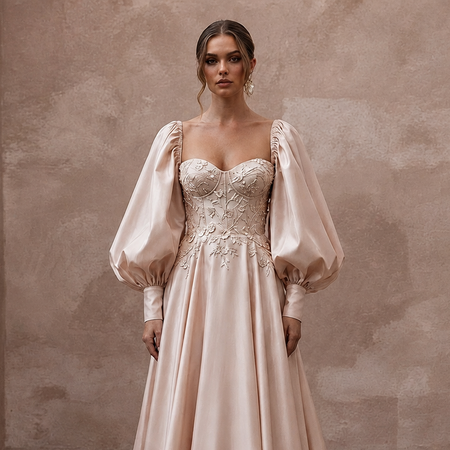 Soft Blush Silk Taffeta Balloon Sleeve Gown for Elopement