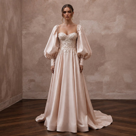 Soft Blush Silk Taffeta Balloon Sleeve Gown for Elopement - Apparel & Accessories > Clothing > Wedding & Bridal Party Dresses > Wedding Dresses - Mignonette Bridal