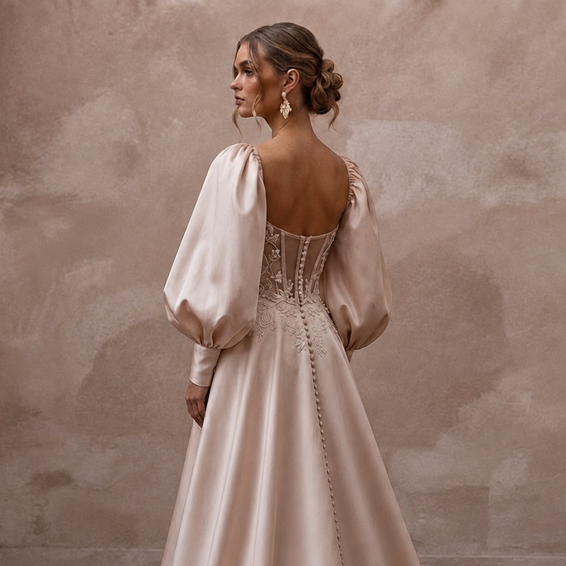 Soft Blush Silk Taffeta Balloon Sleeve Gown for Elopement - Apparel & Accessories > Clothing > Wedding & Bridal Party Dresses > Wedding Dresses - Mignonette Bridal