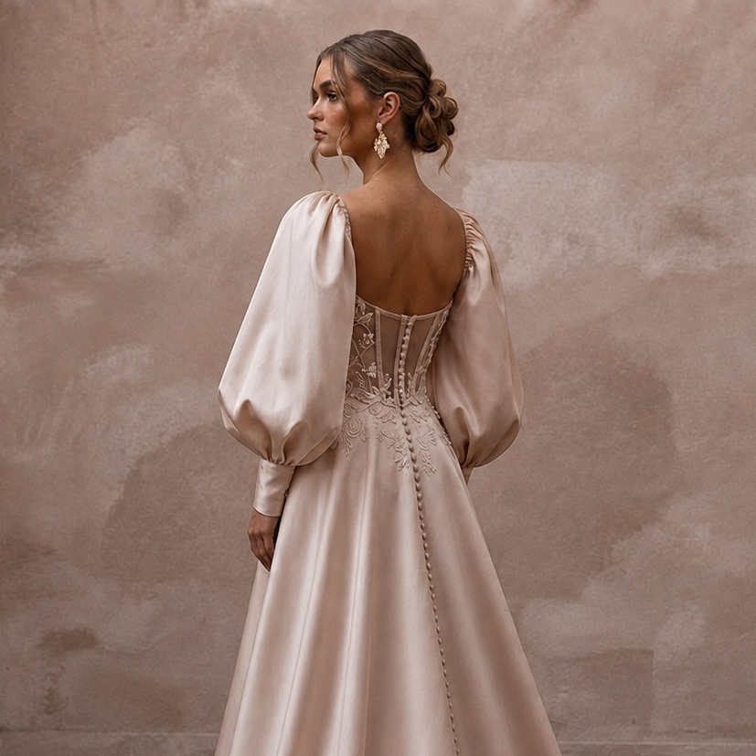 Soft Blush Silk Taffeta Balloon Sleeve Gown for Elopement