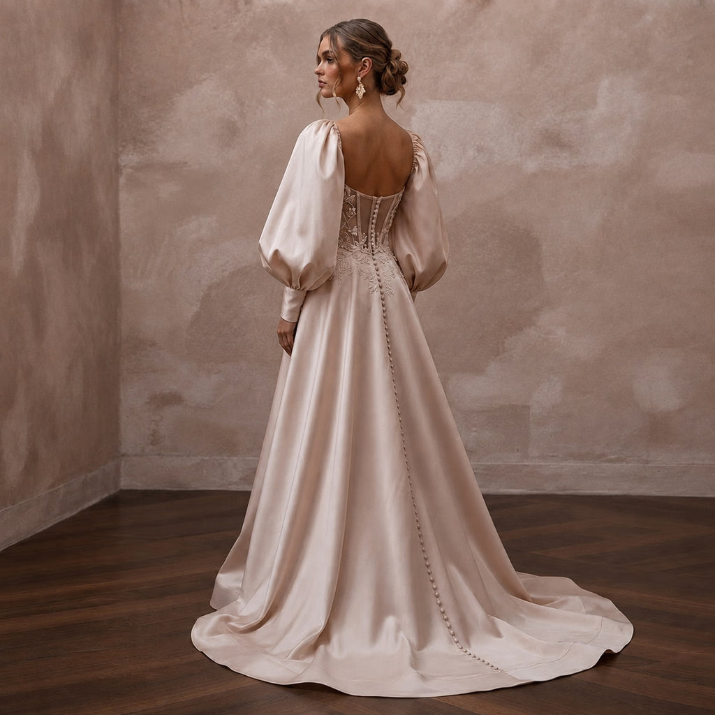 Soft Blush Silk Taffeta Balloon Sleeve Gown for Elopement - Apparel & Accessories > Clothing > Wedding & Bridal Party Dresses > Wedding Dresses - Mignonette Bridal