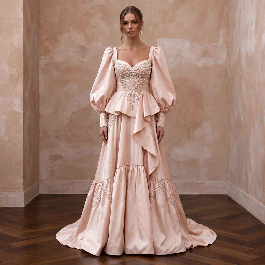 Soft Blush Silk Taffeta Balloon Sleeve Wedding Dress for Elopement