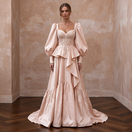 Soft Blush Silk Taffeta Balloon Sleeve Wedding Dress for Elopement