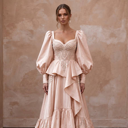 Soft Blush Silk Taffeta Balloon Sleeve Wedding Dress for Elopement