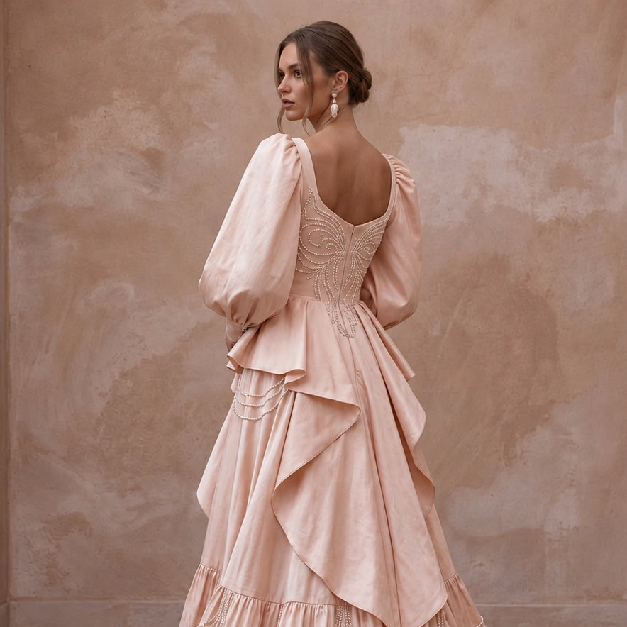 Soft Blush Silk Taffeta Balloon Sleeve Wedding Dress for Elopement