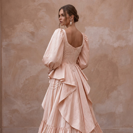 Soft Blush Silk Taffeta Balloon Sleeve Wedding Dress for Elopement