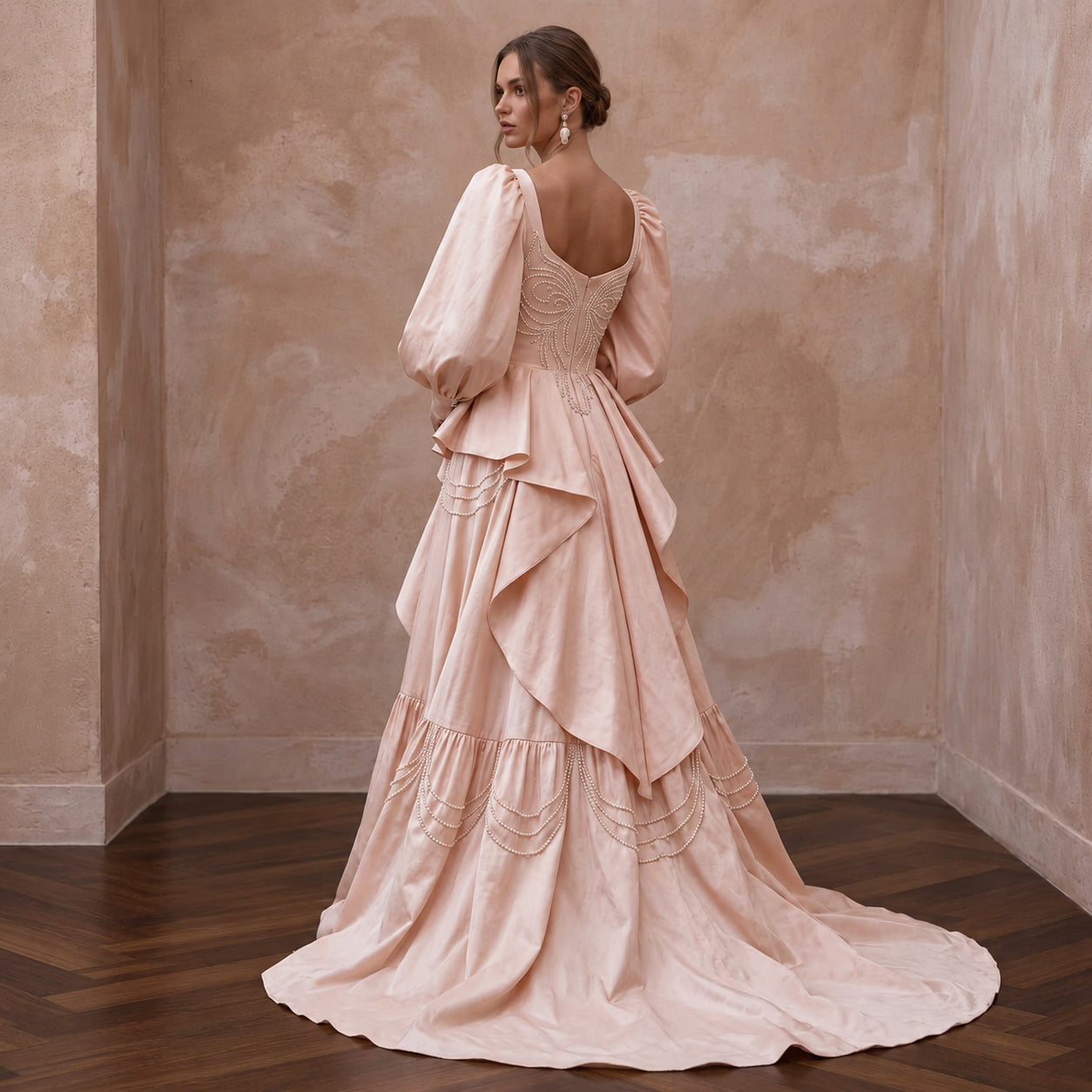 Soft Blush Silk Taffeta Balloon Sleeve Wedding Dress for Elopement Secondary image