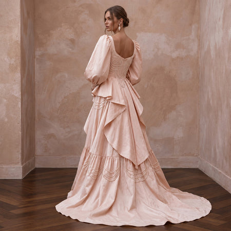 Soft Blush Silk Taffeta Balloon Sleeve Wedding Dress for Elopement
