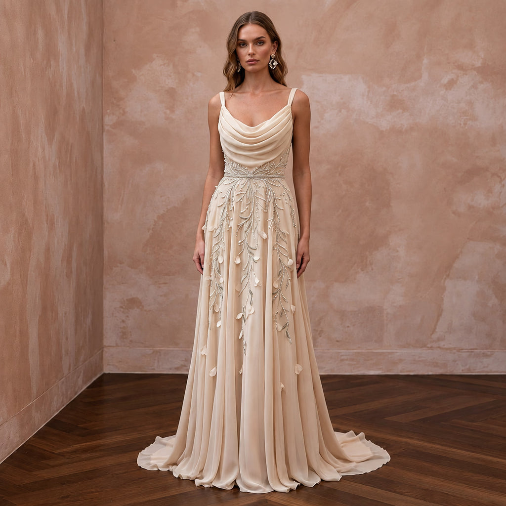 Soft Champagne Chiffon Draped Cowl Neck A-Line Elopement Dress