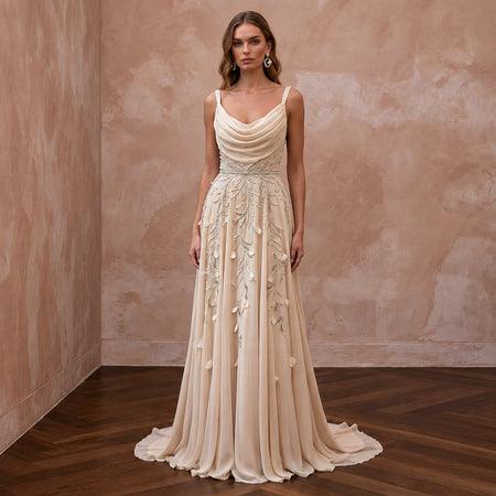 Soft Champagne Chiffon Draped Cowl Neck A-Line Elopement Dress