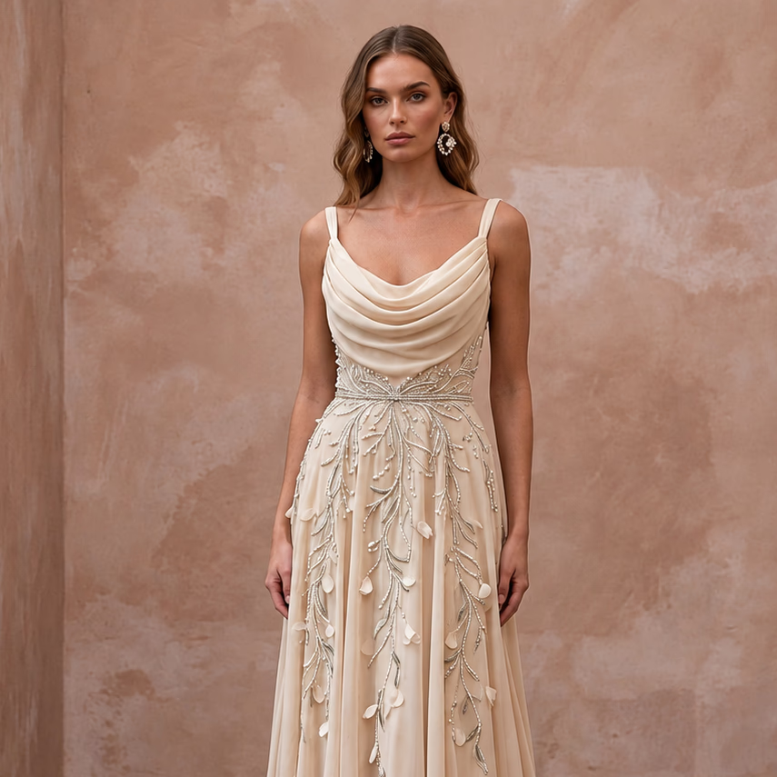 Soft Champagne Chiffon Draped Cowl Neck A-Line Elopement Dress