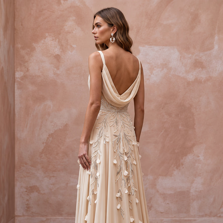 Soft Champagne Chiffon Draped Cowl Neck A-Line Elopement Dress
