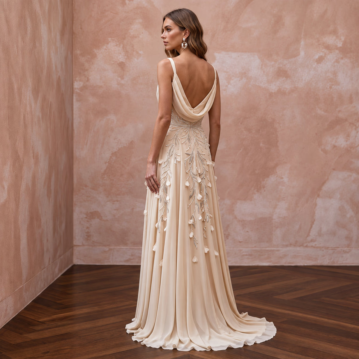 Soft Champagne Chiffon Draped Cowl Neck A-Line Elopement Dress