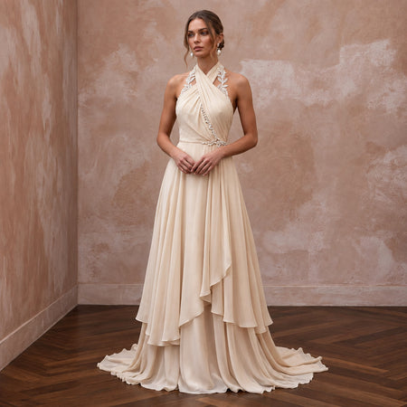 Soft Champagne Chiffon Draped Halter Wrap Bridal Dress