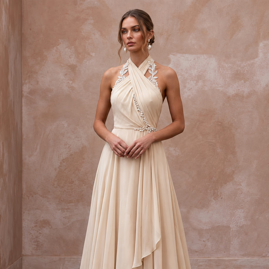 Soft Champagne Chiffon Draped Halter Wrap Bridal Dress