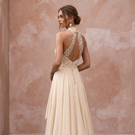 Soft Champagne Chiffon Draped Halter Wrap Bridal Dress