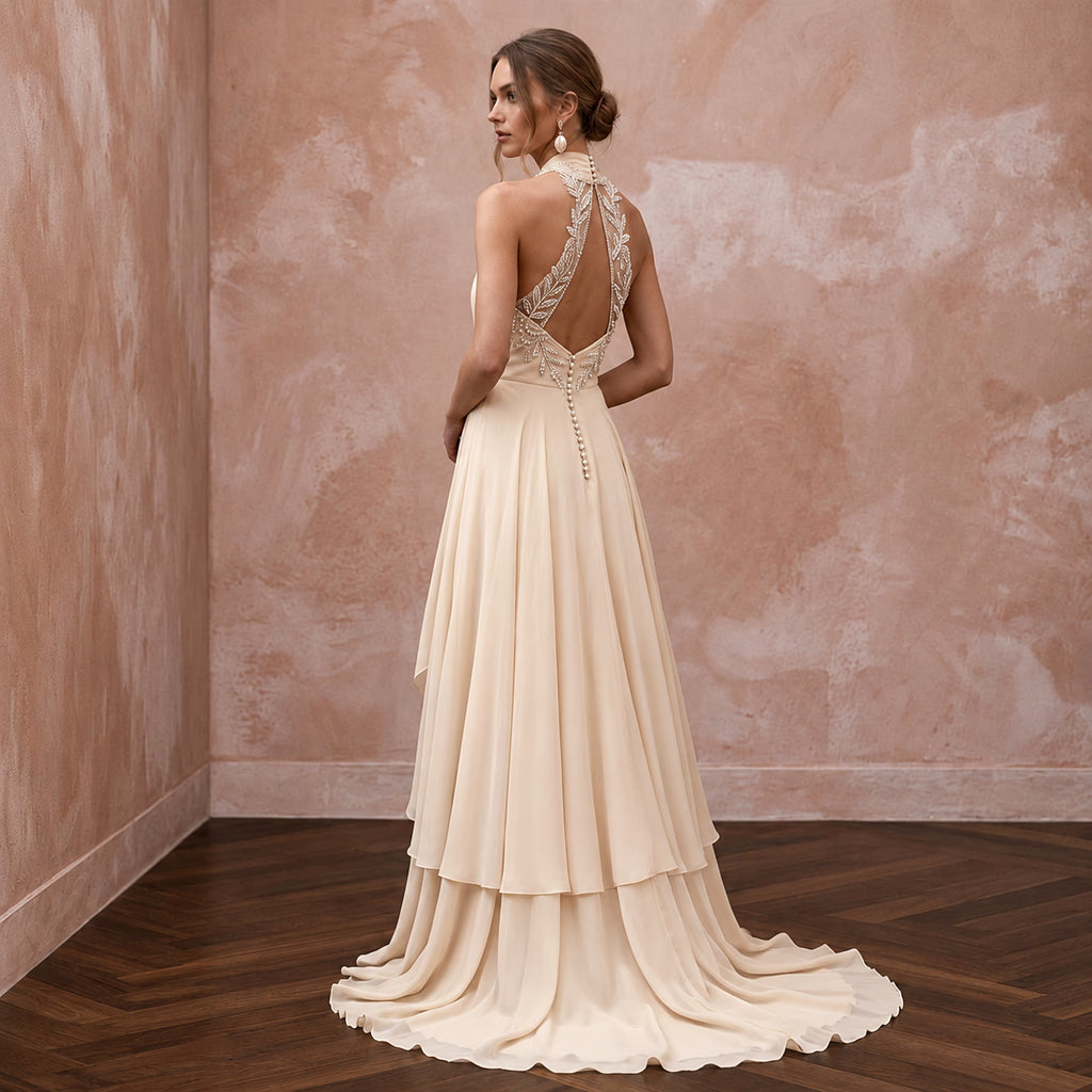 Soft Champagne Chiffon Draped Halter Wrap Bridal Dress